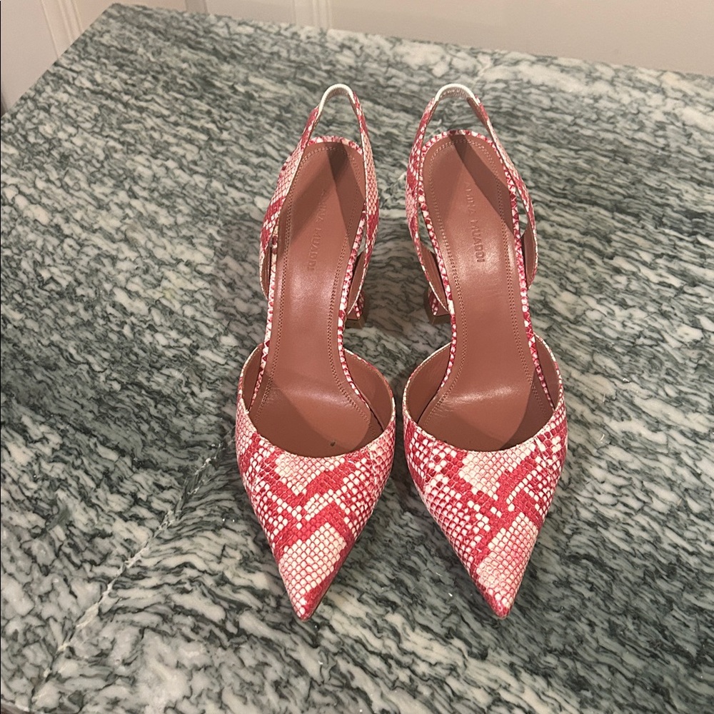 Amina Muaddi Red and White Snakeskin Sandals